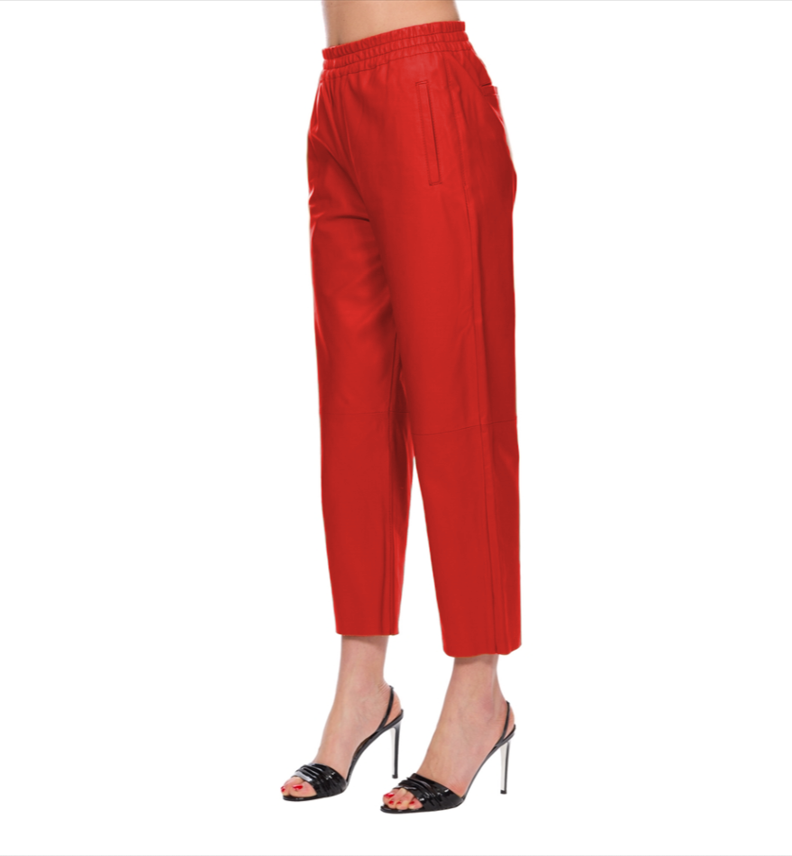 Chic High-Waisted Red Leather Trousers