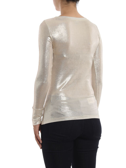 Metallic Beige Ribbed Long-Sleeve Top