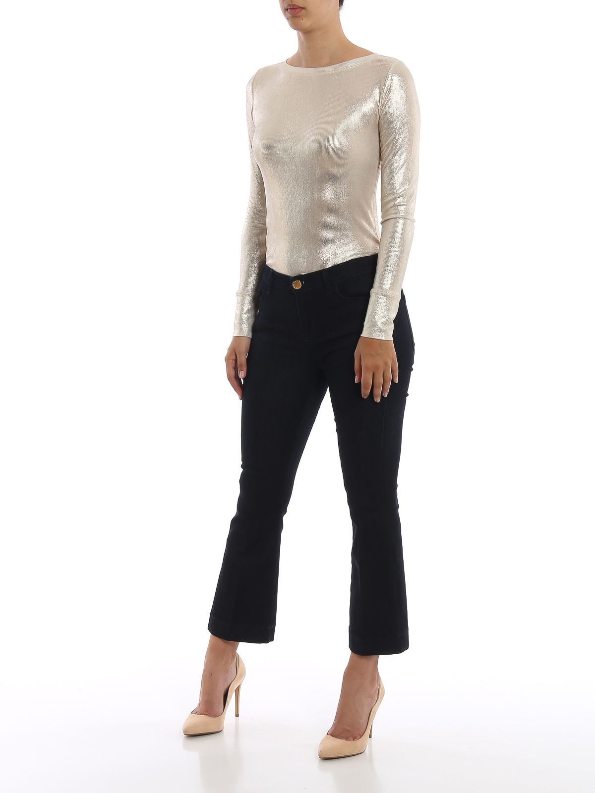 Metallic Beige Ribbed Long-Sleeve Top