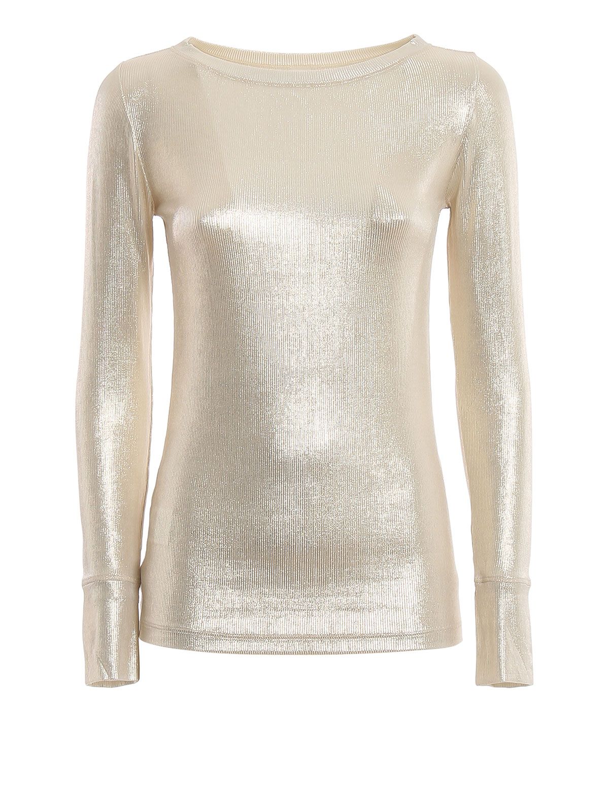 Metallic Beige Ribbed Long-Sleeve Top