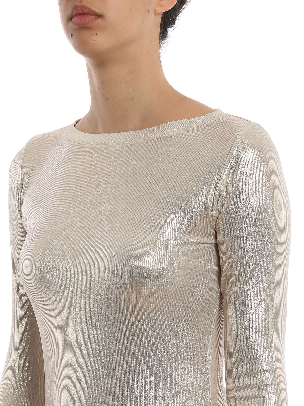 Metallic Beige Ribbed Long-Sleeve Top