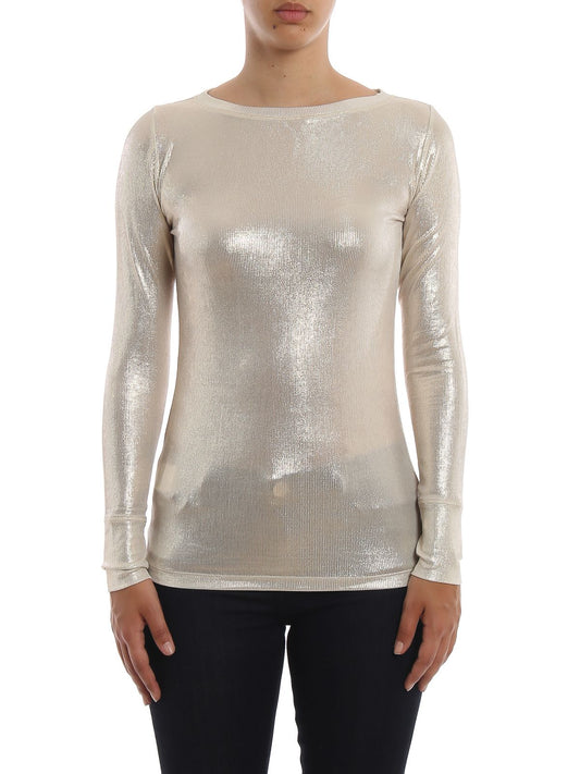 Metallic Beige Ribbed Long-Sleeve Top