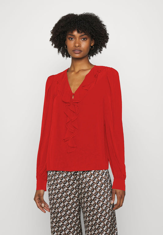 Chic Red Pinstripe Blazer with Golden Accents