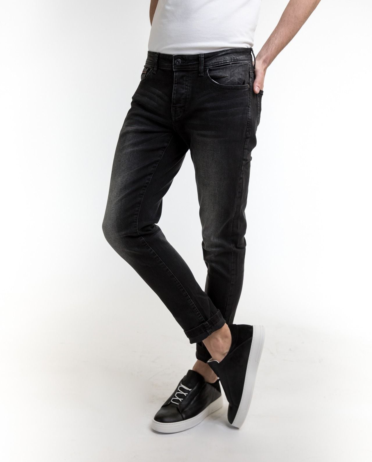 Sleek Black Cotton Fade Jeans