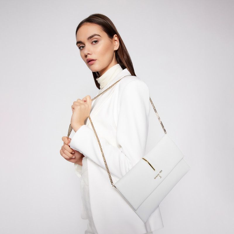 Chic White Shoulder Bag with Gold Accents