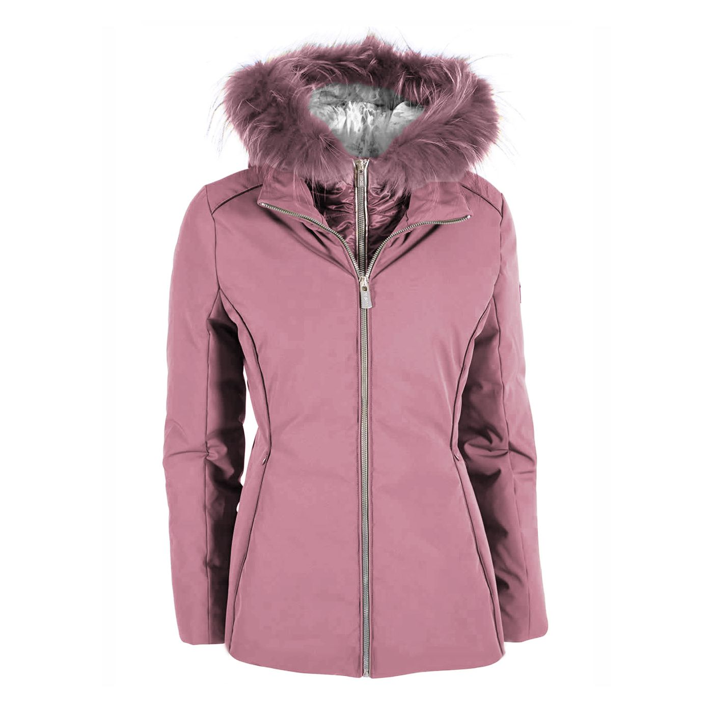 Chic Pink Polyamide Down Jacket with Fur Hood