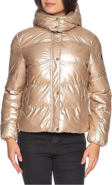 Beige Nylon Down Jacket with Removable Hood