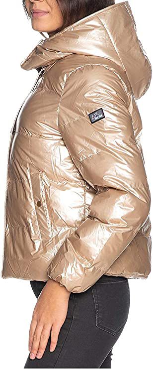 Beige Nylon Down Jacket with Removable Hood