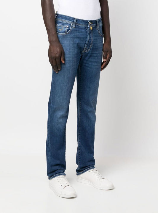 Blue Slim Fit Jeans with Yellow Stitch Detail