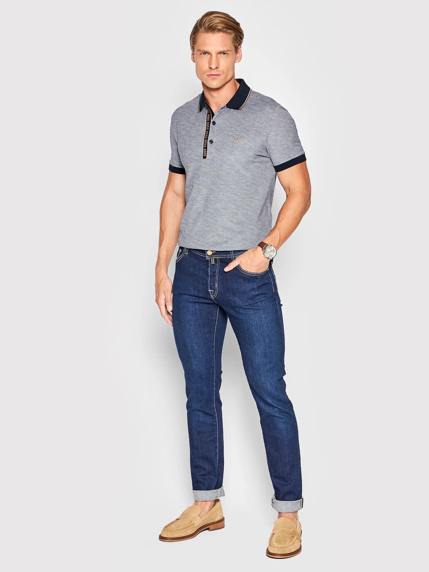 Elegant Dark Blue Slim-Fit Designer Jeans