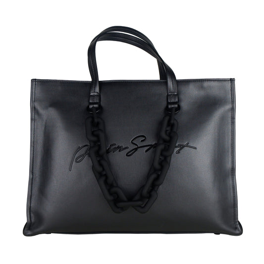 Chic Black Eco-Leather Shopper with Embossed Logo