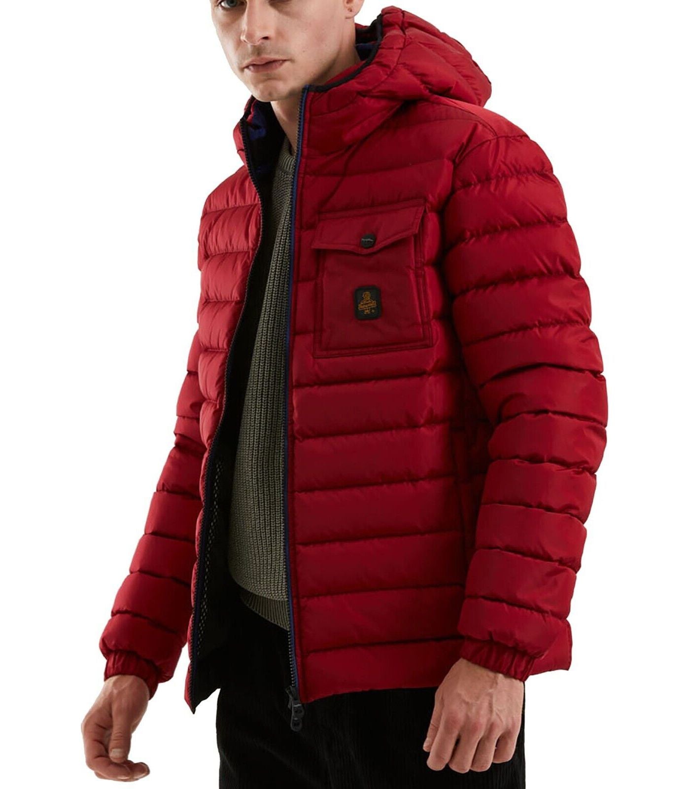 Chic Red Hooded Down Jacket with Zip Details