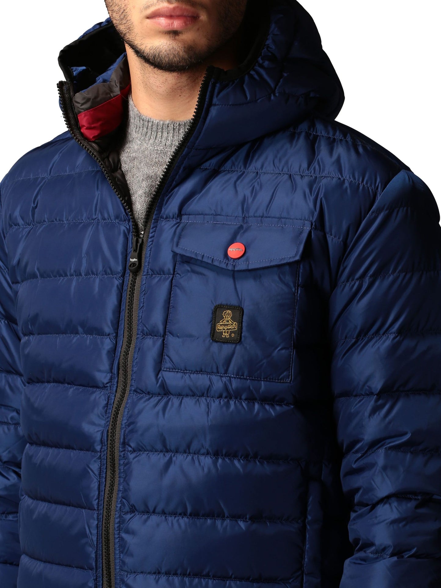 Elegant Blue Hooded Down Jacket with Pockets