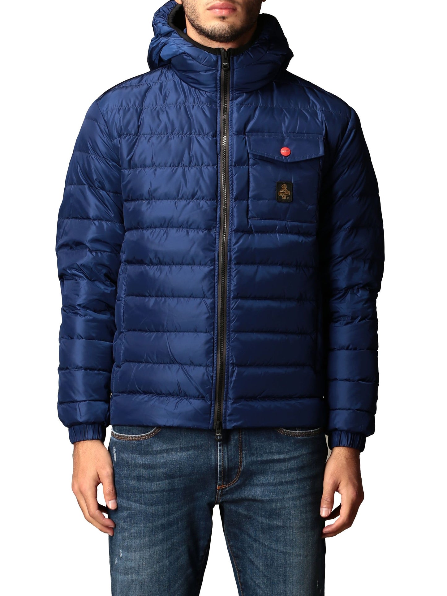 Elegant Blue Hooded Down Jacket with Pockets