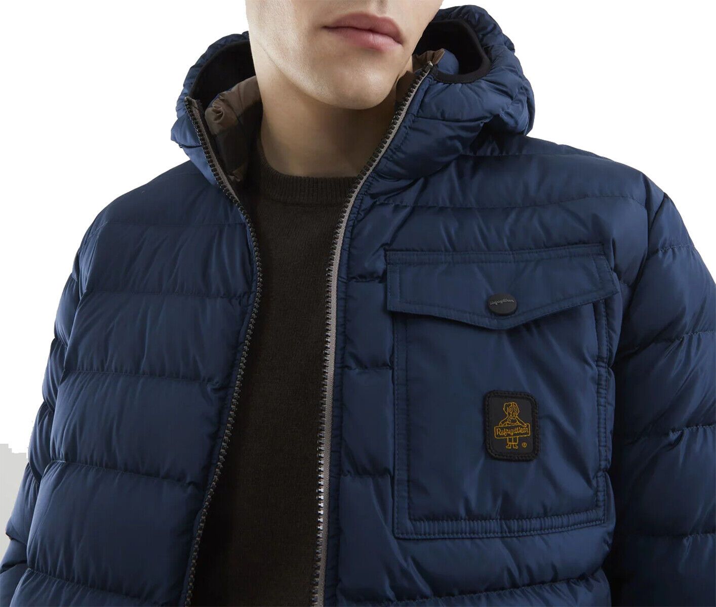 Chic Blue Nylon Down Jacket with Hood