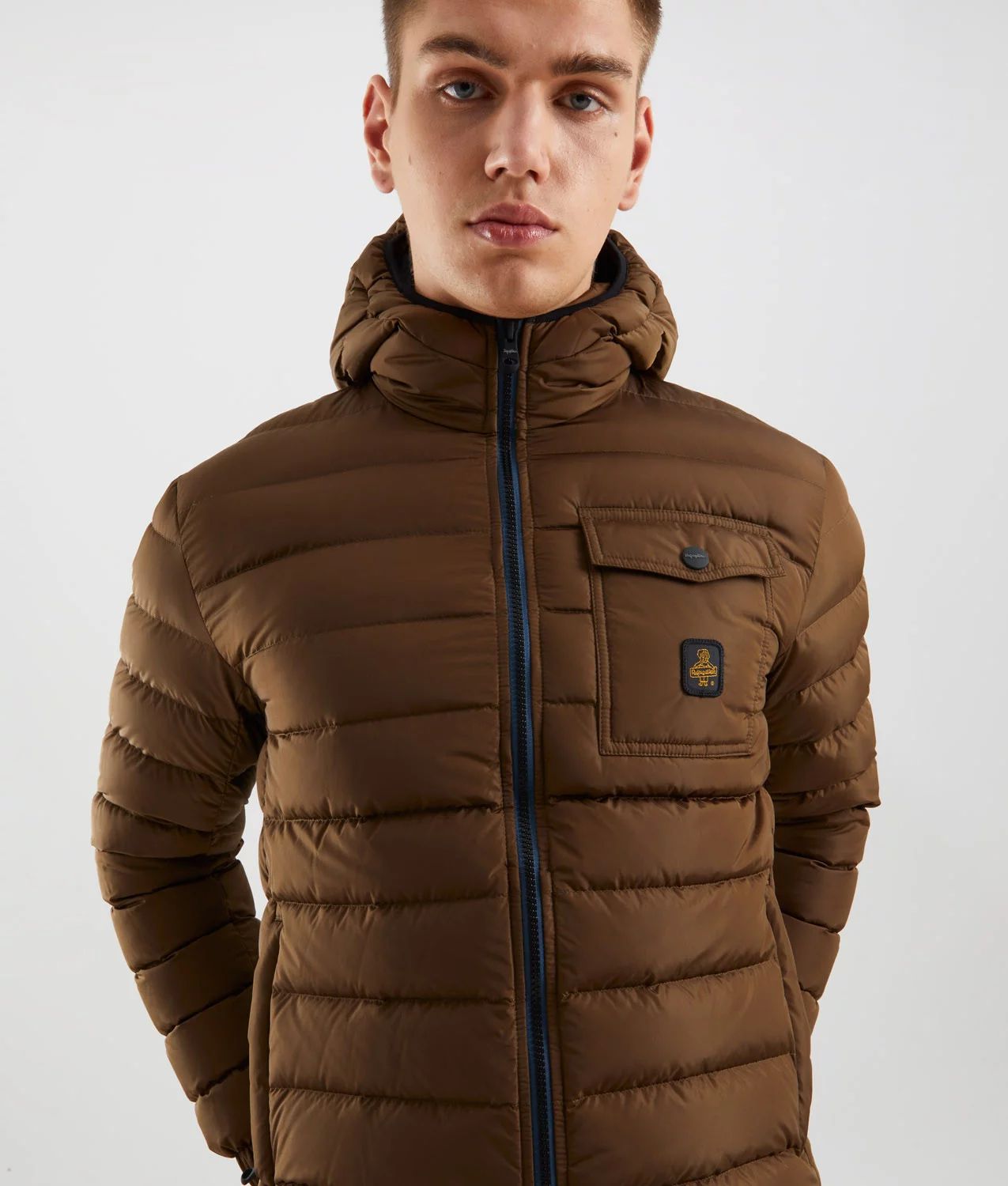 Hooded Down Jacket with Zip and Button Pockets