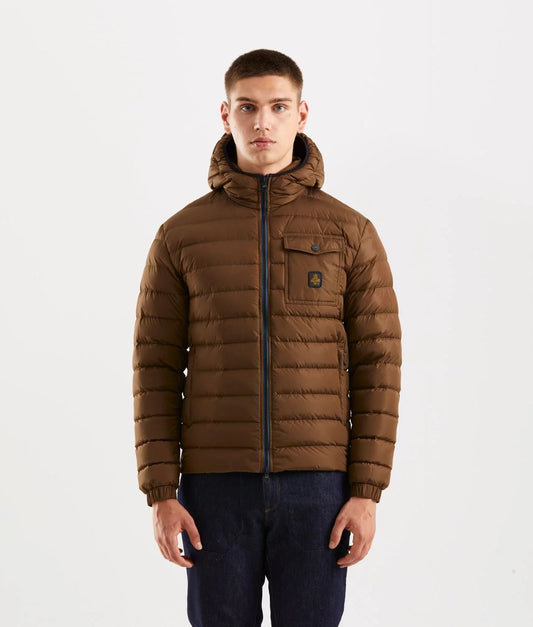 Hooded Down Jacket with Zip and Button Pockets