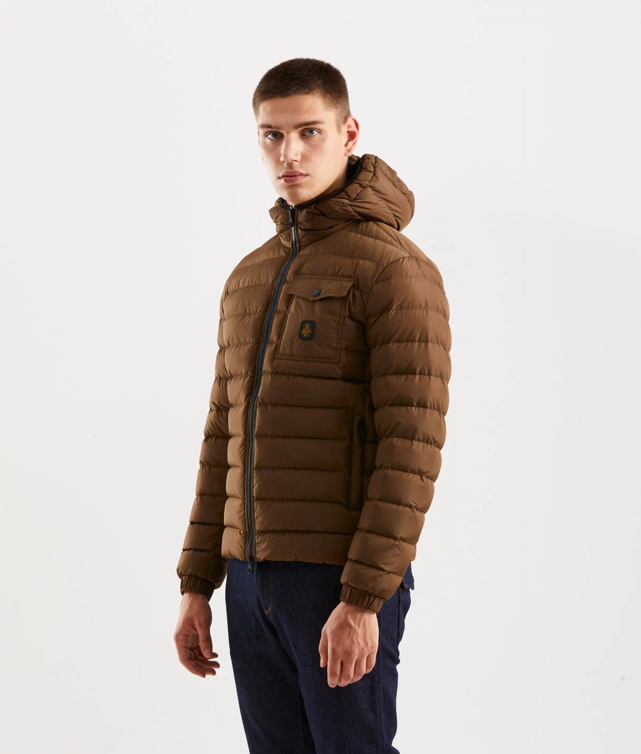 Hooded Down Jacket with Zip and Button Pockets