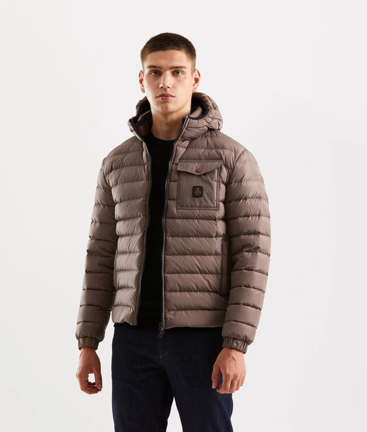 Beige Hooded Down Jacket with Pockets