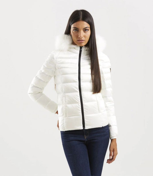 Elegant White Padded Jacket with Fur Hood