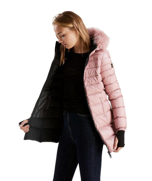 Pink Padded Long Jacket with Luxury Fur Hood