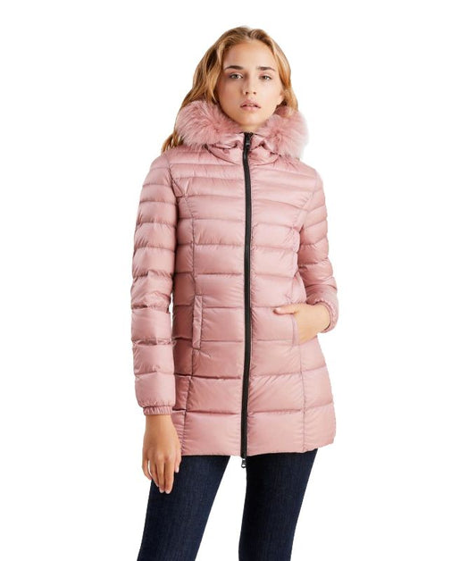 Pink Padded Long Jacket with Luxury Fur Hood