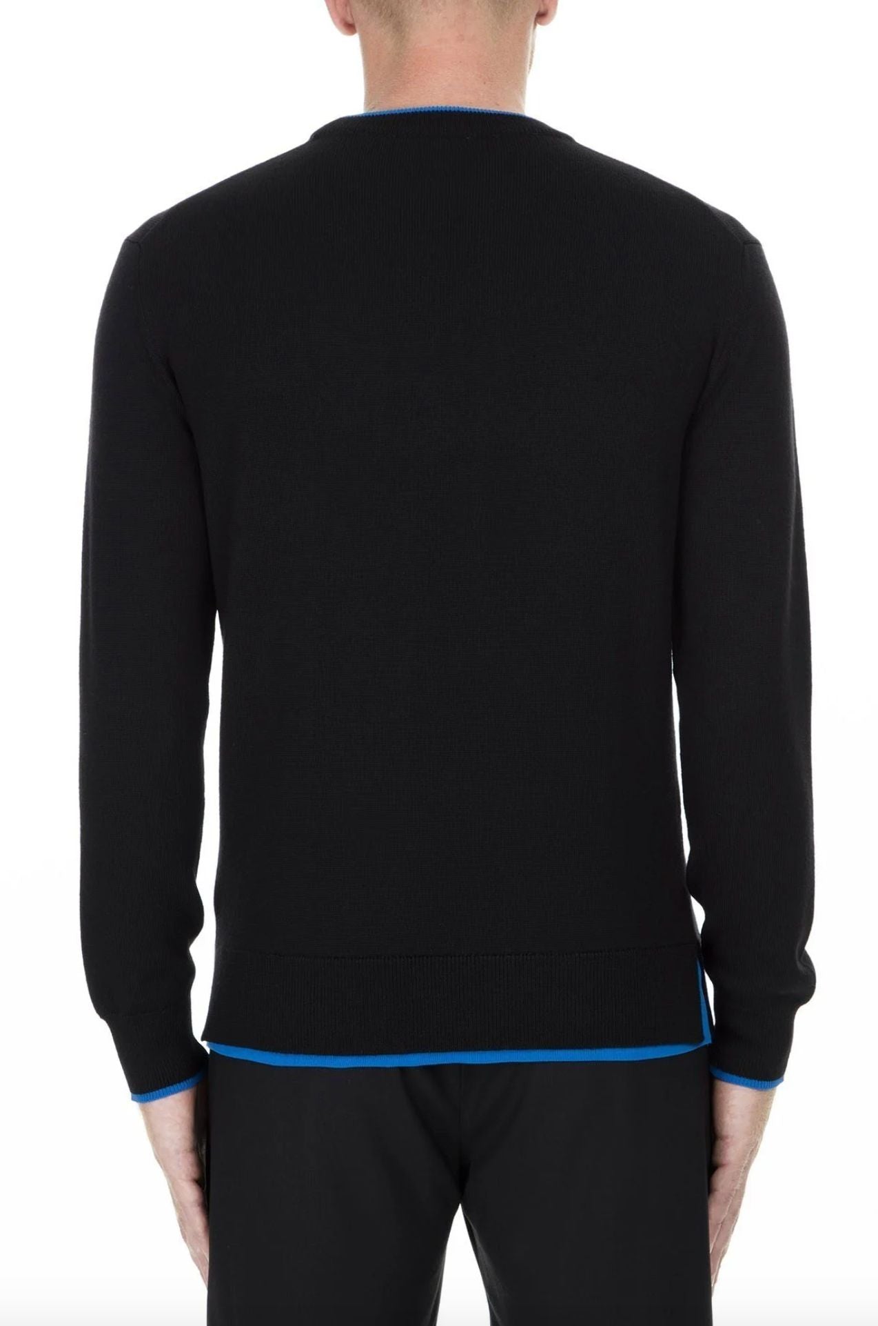 Sleek Black Roundneck Sweater with Blue Accents