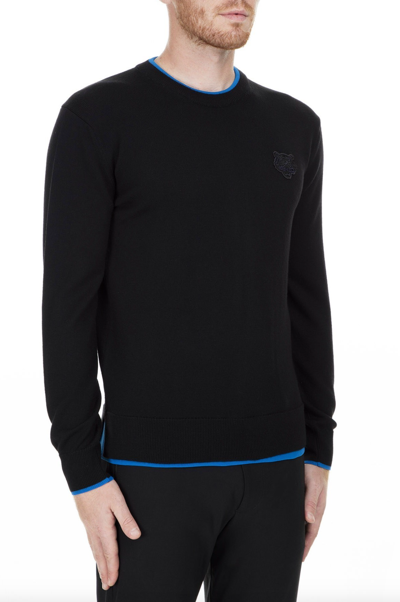 Chic Black Cotton Sweater with Blue Accented Edges