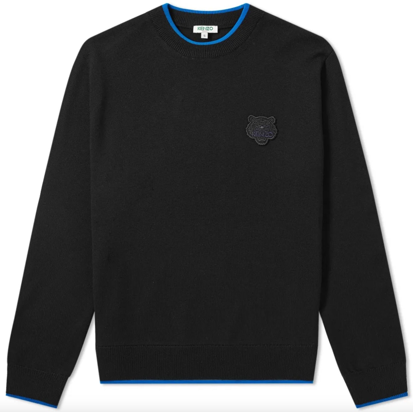 Sleek Black Roundneck Sweater with Blue Accents