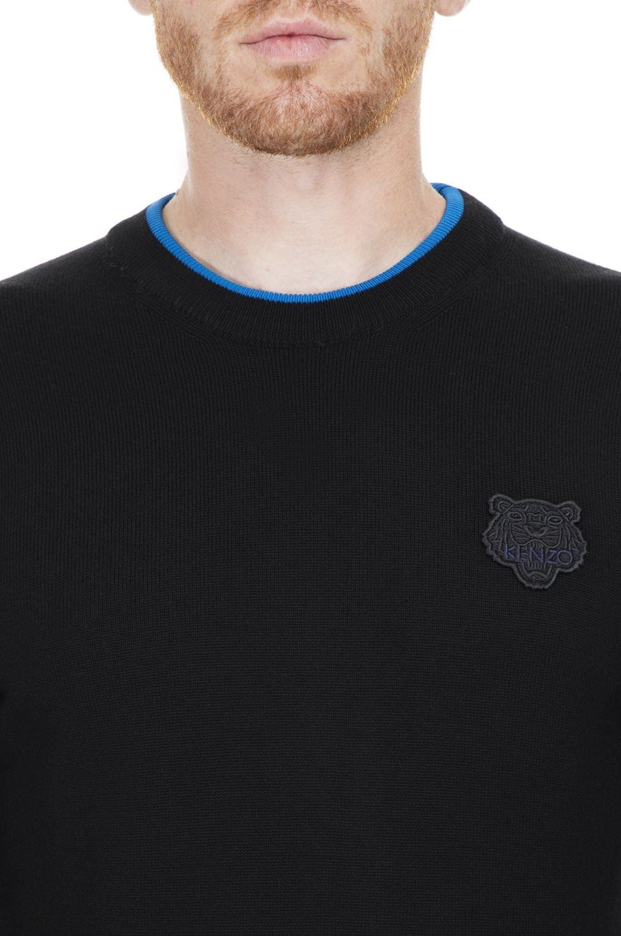 Sleek Black Roundneck Sweater with Blue Accents