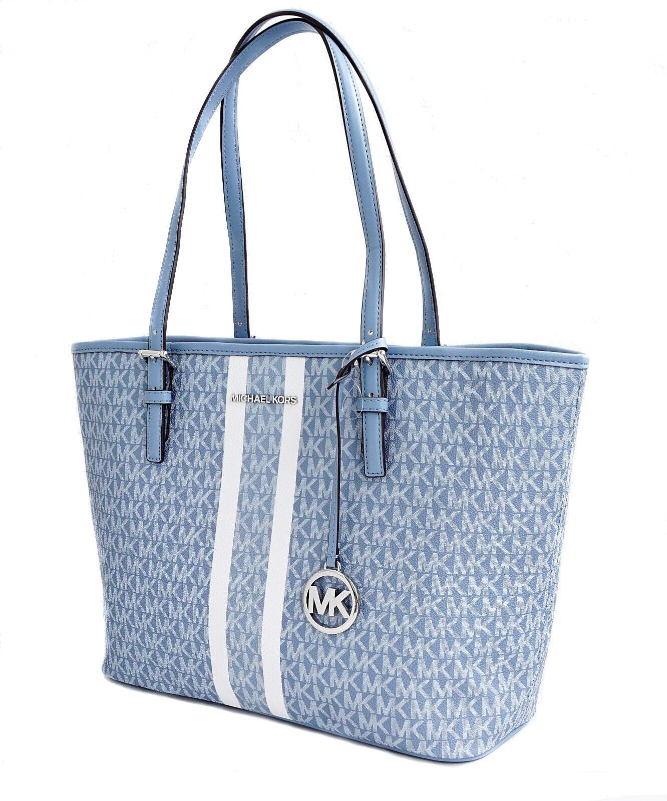 Elegant Light Blue Shopper Tote with Silver Accents