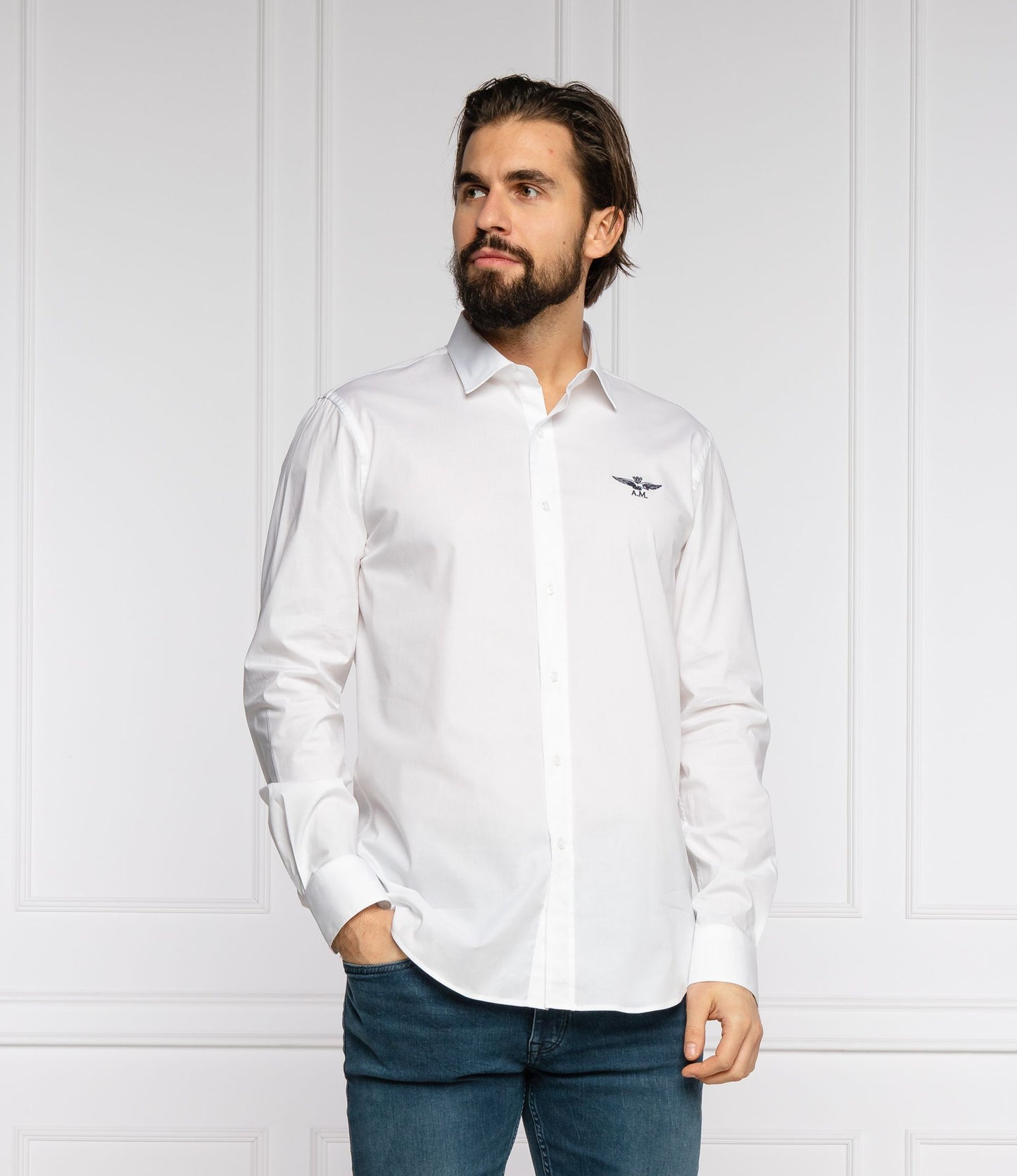 Slim Fit White Cotton Shirt with Eagle Logo