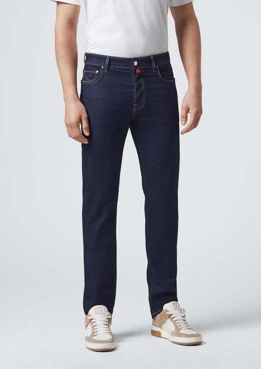 Elegant Slim Fit Handcrafted Jeans with Red Accents