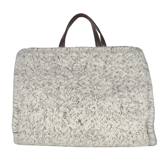 Chic White Wool Tote with Leather Inserts