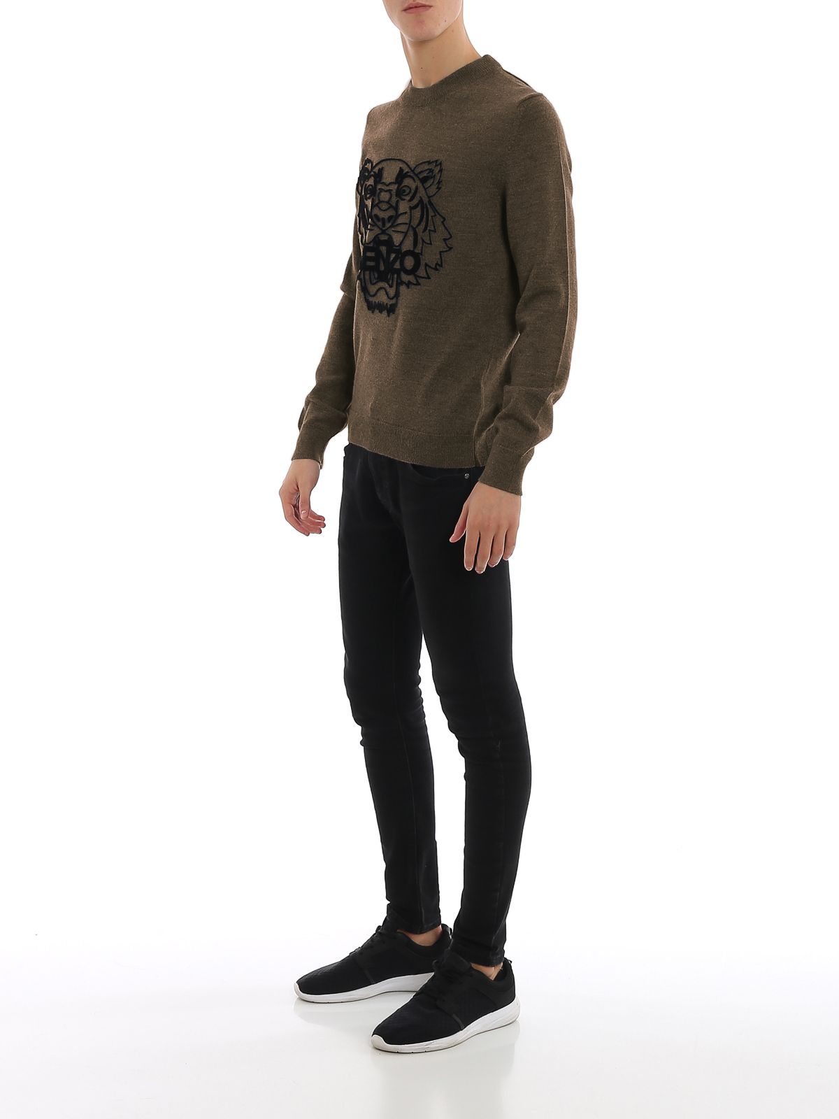 Embossed Tiger Motif Crewneck Sweater