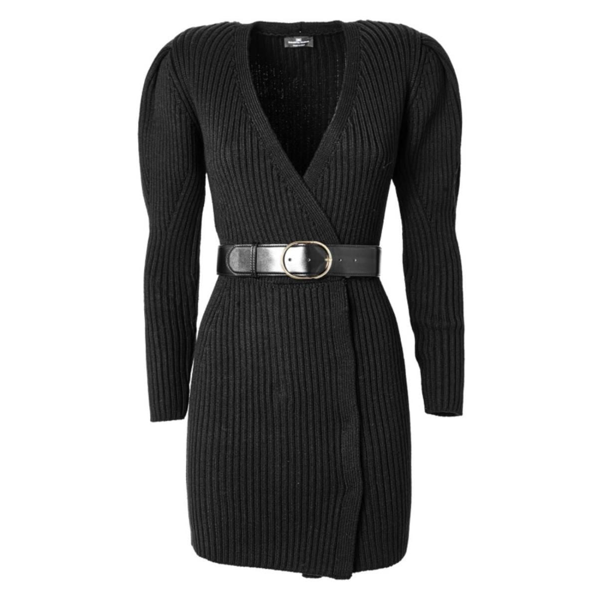 Elegant Long-Sleeved V-Neck Knit Dress with Belt