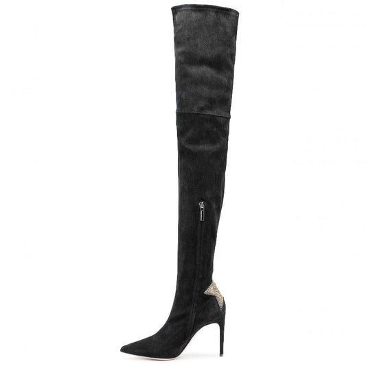 Chic Suede Calfskin Boots with Rhinestone Heel