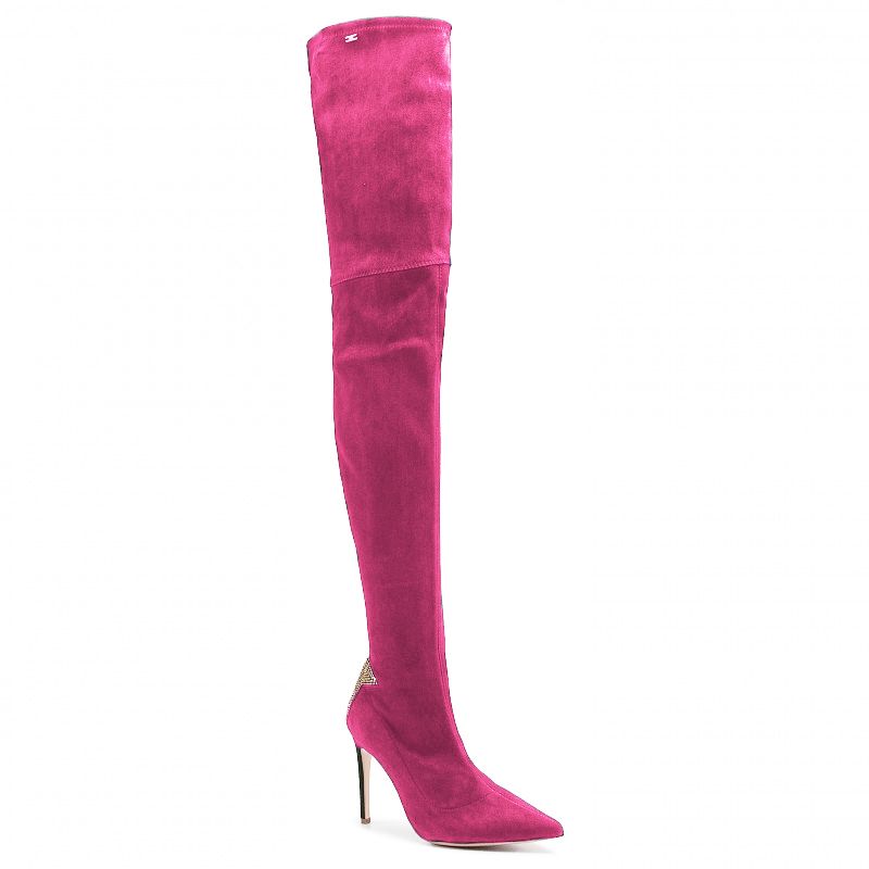 Fuchsia Suede Pointed Boots with Rhinestone Heel