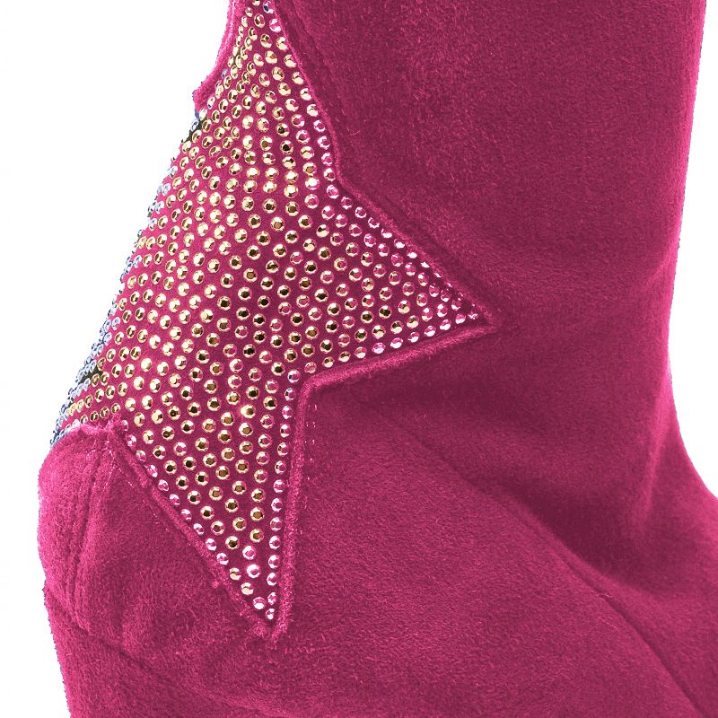 Fuchsia Suede Pointed Boots with Rhinestone Heel