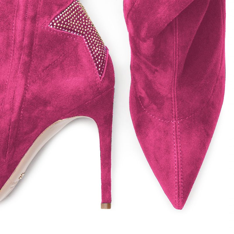 Fuchsia Suede Pointed Boots with Rhinestone Heel