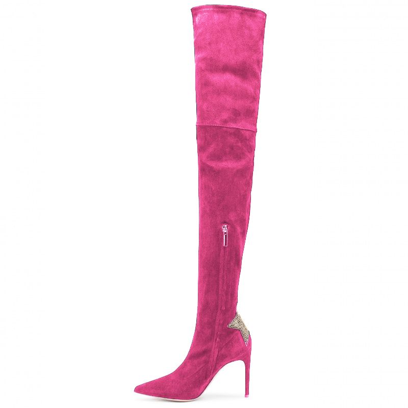 Fuchsia Suede Pointed Boots with Rhinestone Heel