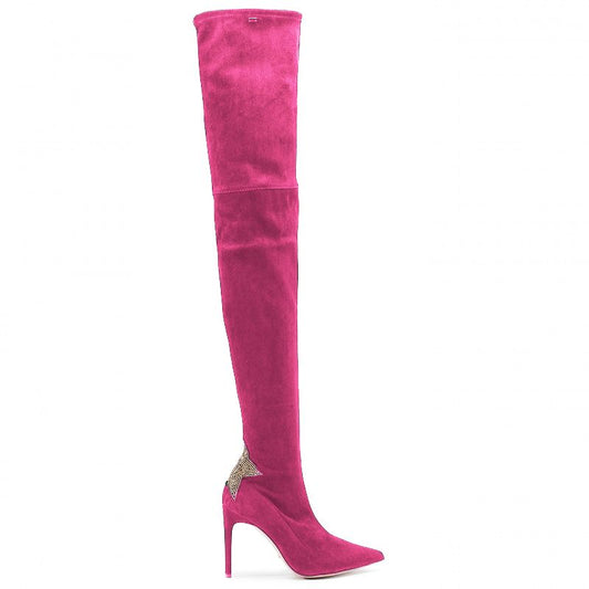 Fuchsia Suede Pointed Boots with Rhinestone Heel