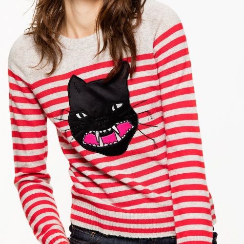 Chic Red Striped Cashmere Sweater with Cat Motif