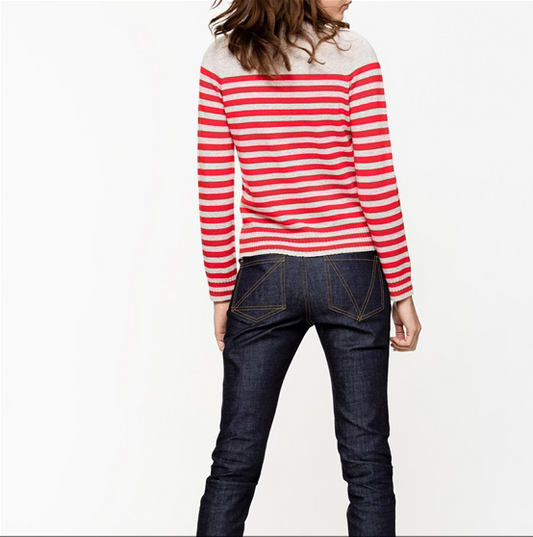 Chic Red Striped Cashmere Sweater with Cat Motif