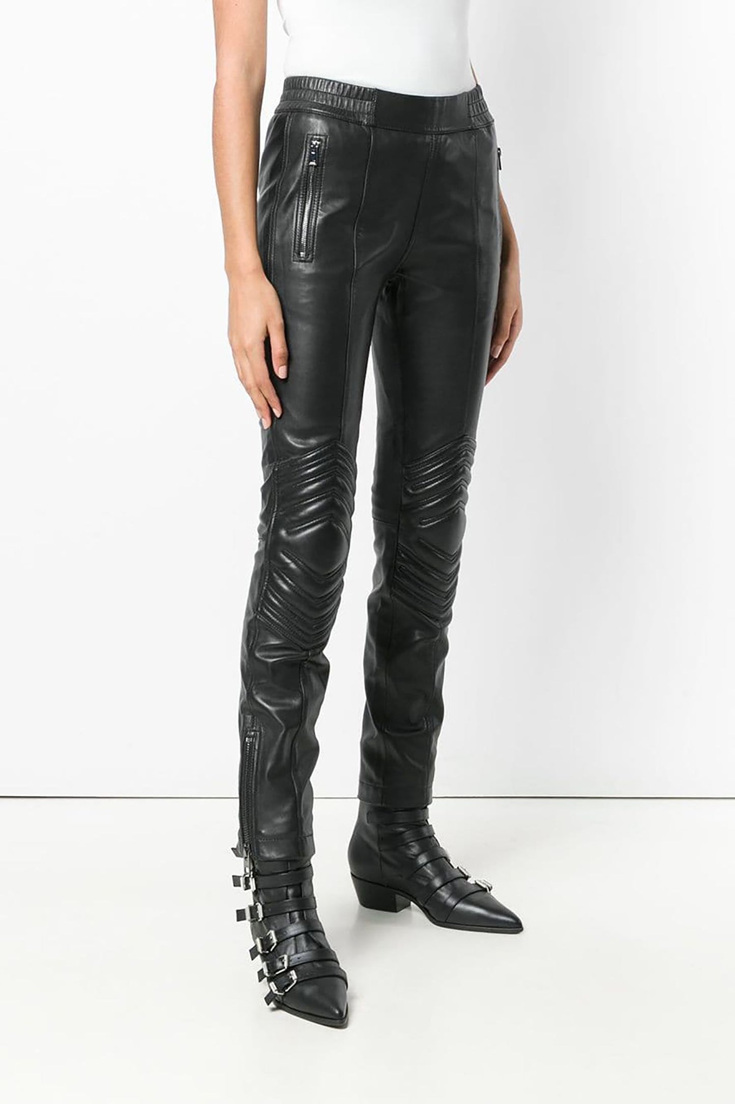 Sleek Lambskin Biker Trousers with Edgy Detailing