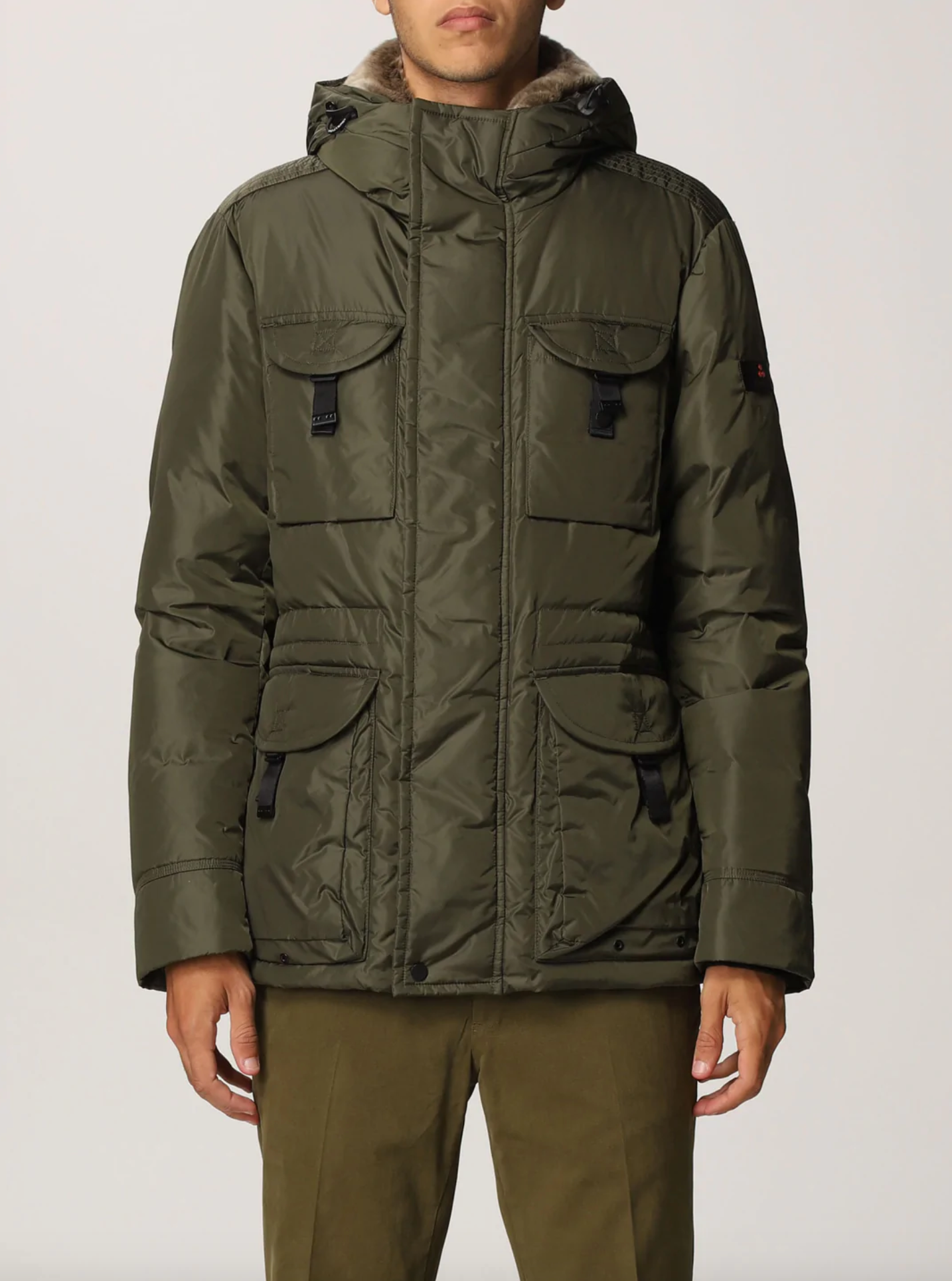 Military Green Tech Jacket with Rabbit Fur Hood