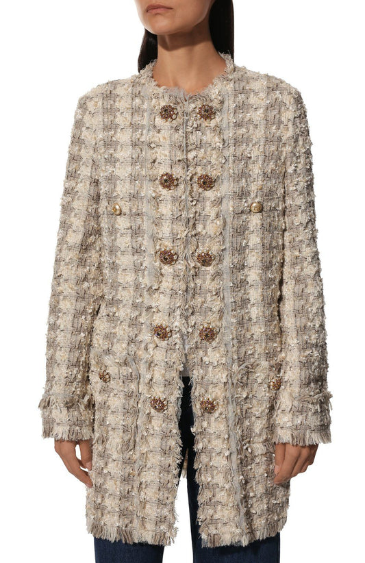 Elegant Tweed-Weave Cotton Coat with Jewel Buttons