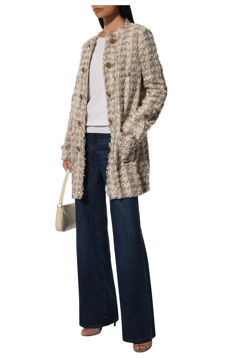 Elegant Tweed-Weave Cotton Coat with Jewel Buttons