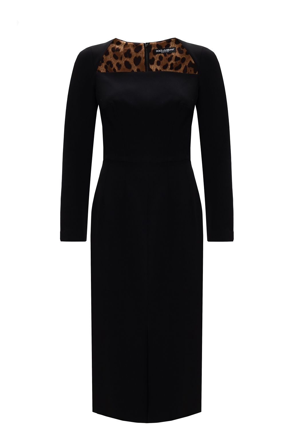 Elegant Long Sleeve Black Viscose Dress with Leopard Details