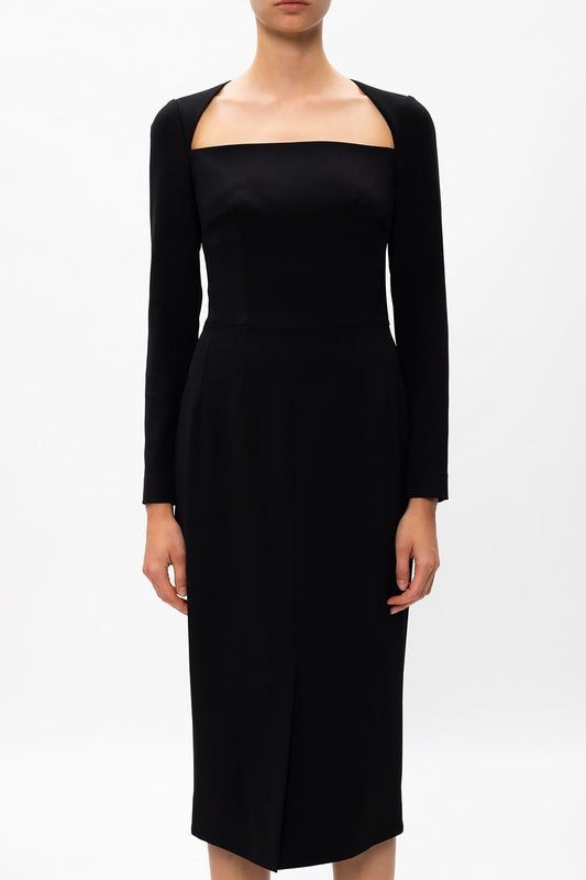 Elegant Long Sleeve Black Viscose Dress with Leopard Details